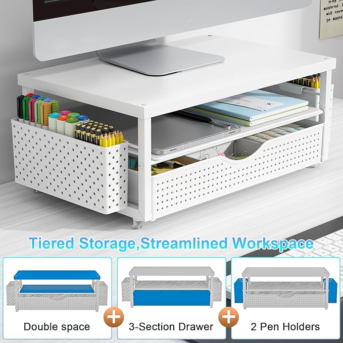 gianotter Desk Organizers and Accessories, Monitor Stand with Drawer and 2 Pen Holder, Desktop Organizer Suitable for Offices and Dormitories (White-Plain)