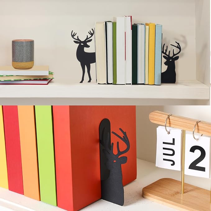 Geelin Reindeer Metal Bookends Set of 2 Black Reindeer Head Christmas Book Ends for Shelves Elk L Shaped Book Organizer for Desk Organizer Deer Lovers and Reading Enthusiasts