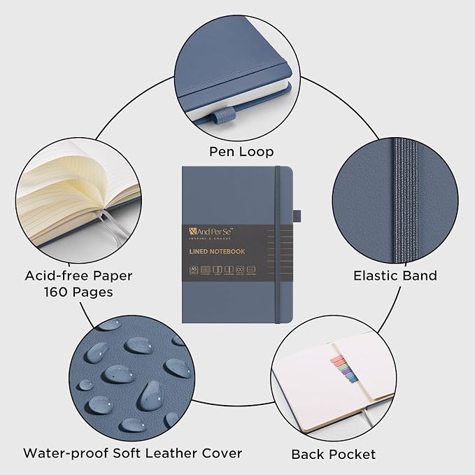 &And Per Se 10-Pack Lined Notebooks, A5 Hardcover, 160 Pages 100gsm Thick Paper, Office Supply Bulk Order, Corporate New Hire Kits, Breakroom Essentials – College Ruled, 10 Units (Dark Blue)
