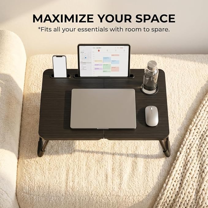 BUYIFY 23.4" Foldable Lap Desk Bed Table with Cup Holder Portable Tray | Folds Flat for Easy Storage, No Assembly Laptop Bed Desk, Sturdy and Lightweight, Versatile for Work Eat Study, Patent Design