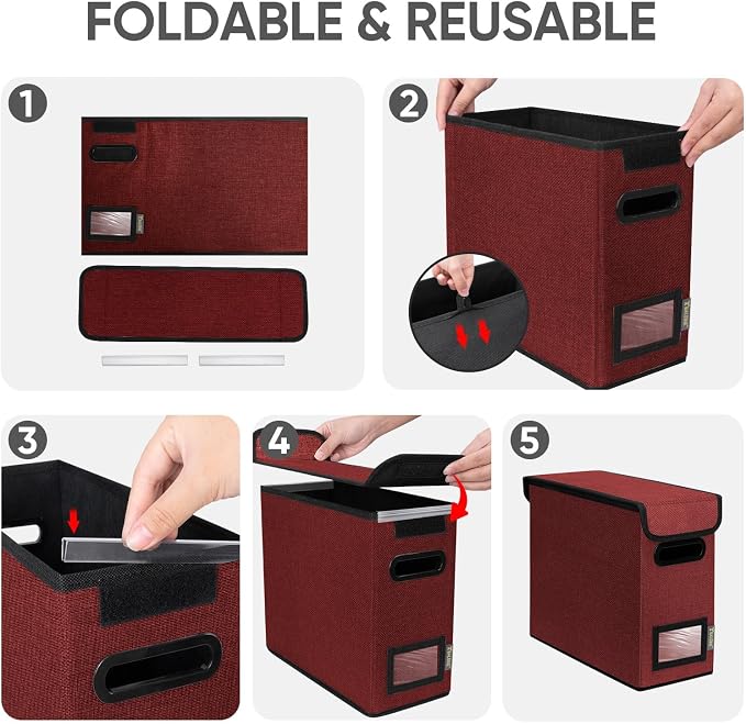 BALEINE File Organizer Box with Lid, Collapsible File Folder Organizer with Plastic Slide, Hanging File Folder Box for Office Document Storage (2 Pack, Red, S)