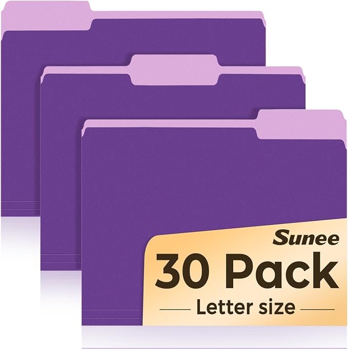 SUNEE File Folders, 30 Pack Manilla Folders 8.5 x 11, Colored File Folders Home Office School Supplies for Documents Files Paper, Purple
