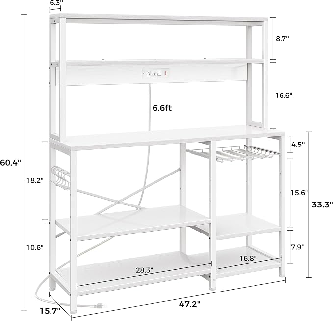 SUPERJARE Bakers Rack with Power Outlet, 47.2 Inches Coffee Bar with 3 Level-Adjustable Open Shelves, Wire Basket, Kitchen Microwave Stand with 6 S-Shaped Hooks, White