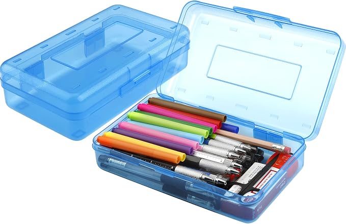 Pencil Box, Large Capacity Clear Pencil Case, 1 Pack Hard Pencil Case, Clear Crayon Box with Snap-tight Lid Stackable Design, Plastic Storage Box for Office Supplies, Blue
