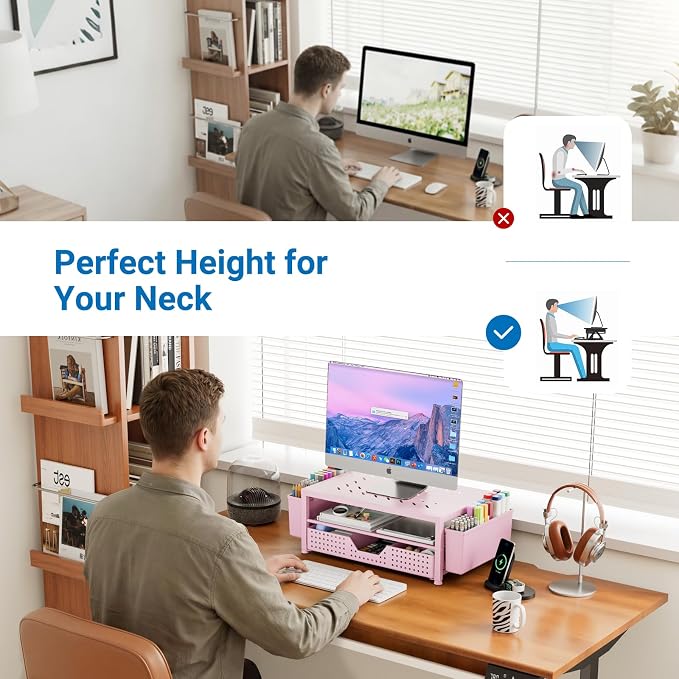 OPNICE Laptop Stand for Desk Organizer and Accessories, 2-Tier Computer Monitor Stand Riser with Drawer and 2 Pen Holders, Ventilated Perforated Steel Top, Office Desk Accessories for Home Office Supplies, Pink