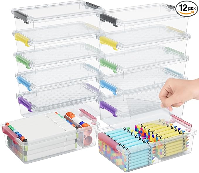 12 Pack Extra Large Pencil Box with Removable Divider, Thickened Pencil Case Bulk, Clear Crayon Marker Organizer Stackable Plastic Small Storage Containers for Pen Craft School Supplies, Multi