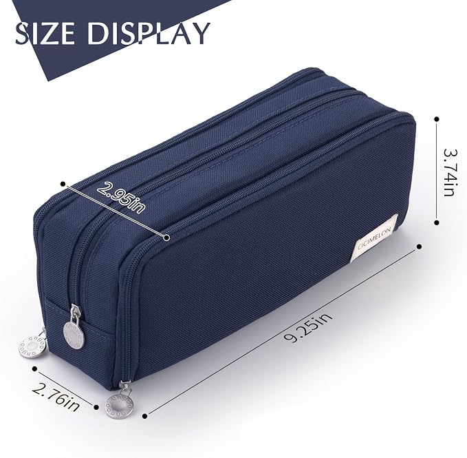 CICIMELON Large Capacity Pencil Case 3 Compartment Pouch Pen Bag for School Teen Girl Boy Men Women (Navy)