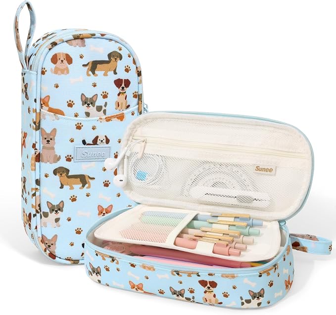 SUNEE Cute Pencil Case, Large Pencil Pouch, Aesthetic Big Pencil Bag with Zipper, Kawaii Stationery Storage and Organizer, School Supplies for Teen and Adult, Boys & Girls, Heavy Duty Canvas Cute Dog