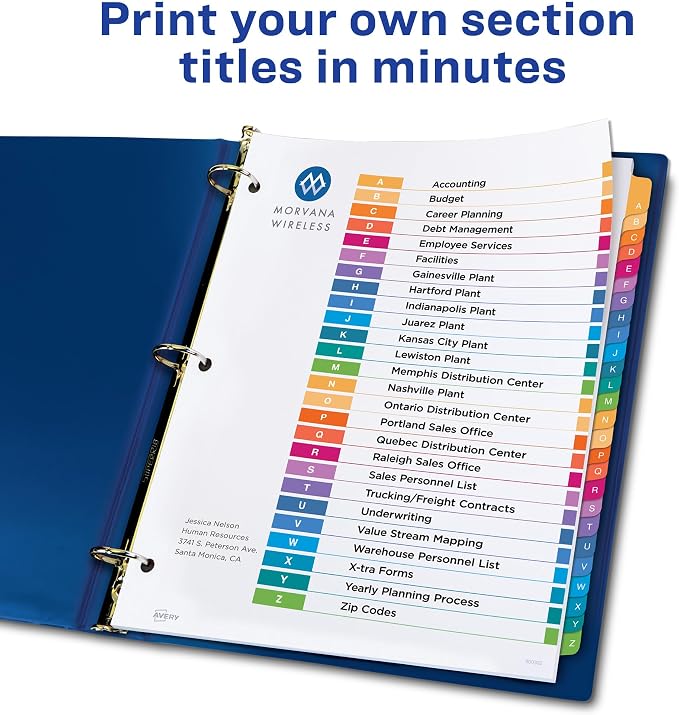 Avery A-Z Dividers for 3 Ring Binders, 26 Tabs per Set, Customizable Table of Contents, Multicolor Tabs, Great for Organizing Reports, Projects, and More (11125)