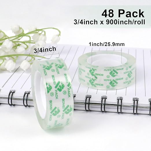 BOMEI PACK 48 Rolls Crystal Clear Transparent Tape, Stationery Tape Refills Rolls for Dispenser, 3/4 in x 900 in,1 inch Core, Gift Wrapping Clear Tape Bulk for Office, School and Home
