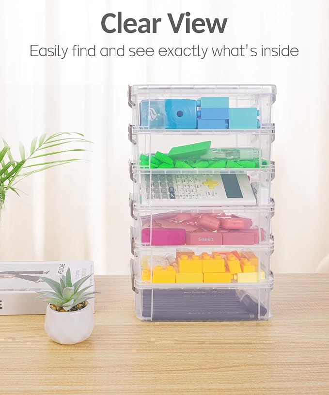 Sooez 6 Pack Extra Large Pencil Box, Plastic Hard Pencil Case Crayon Box Bulk, Clear Marker Organizer Plastic Containers with Lid, Stackable Storage Boxes for Art Craft, Back to School Supplies, Multi