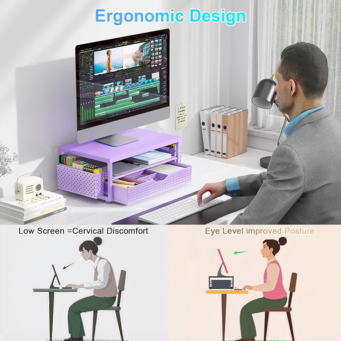 gianotter Desk Organizers and Accessories, Monitor Stand with Drawer and 2 Pen Holder, Desktop Organizer Suitable for Offices and Dormitories (Purple-Plain)