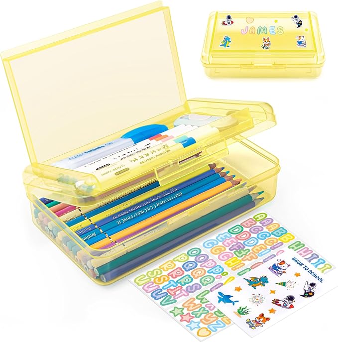 Double Layer Clear Hard Pencil Cases,Plastic Personalized Pencil Box with Snap-Tight Lid for Pen, Pencils, School Office Supplies Marker Crayon Organizer Storage Box,Standard Size (Yellow)