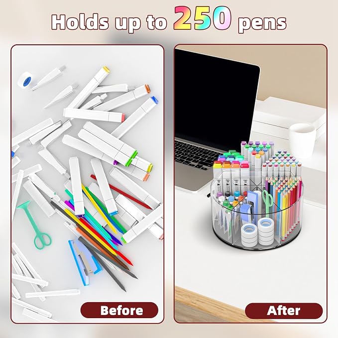 Absonic 250pcs Acrylic Pencil Holder Marker Organizer, 360-Degree Rotating Pen Holder, Crayon Organizers for Kids Pencil Organizer Caddy Art Supply Lazy Susan Organizer for Desk Home School Office