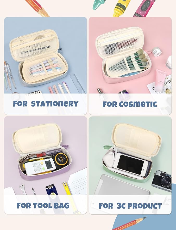 SUNEE Cute Pencil Case, Aesthetic Pen Pouch, Colored Large Pencil Bag with Zipper, Kawaii Stationery Storage and Organizer, School Supplies for Teen and Adult Girls, Blue
