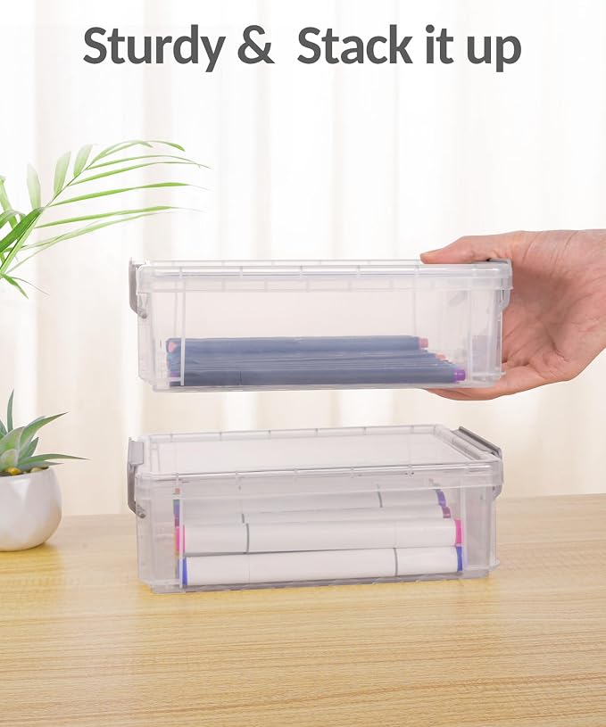 Sooez 6 Pack Small Plastic Containers with Lids, 6.4" x 4.4" x 2.7", Clear Crayon Box Pencil Pouch, Stackable Stroage Organizer for Beads Craft and Art Supplies, Storage Bins for Jewelry and Stickers