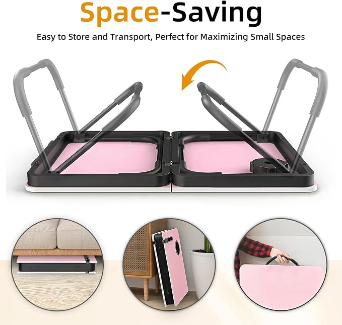 BUYIFY 23.4" Foldable Lap Desk Bed Table with Cup Holder Portable Tray Pink | Folds Flat for Easy Storage, No Assembly Laptop Bed Desk, Sturdy and Lightweight, Versatile for Work Eat Study, Patent Design