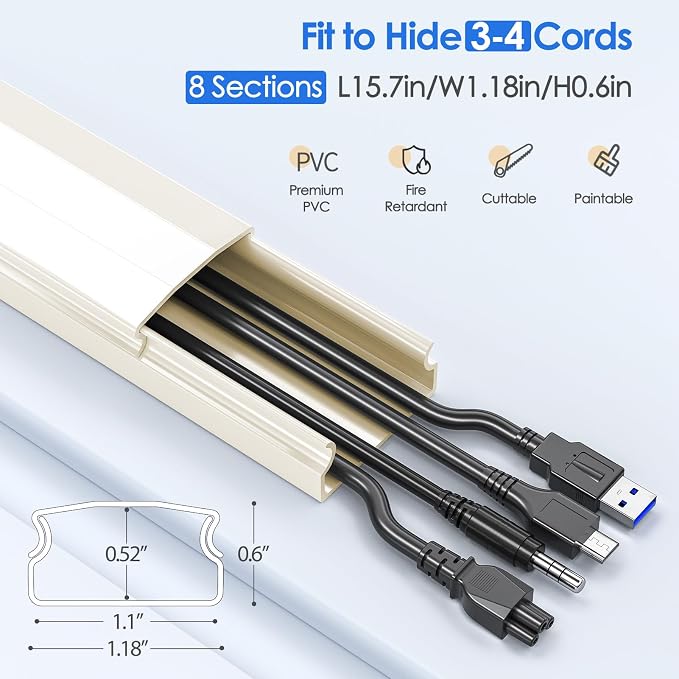 Yecaye 125in Cord Hider, Large Cord Covers for Wires on Wall, Cable Management Kit for Mount TVs, Wire Hider Cable Concealer for Home Office, W1.18in H0.6in, Beige