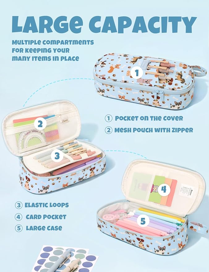 SUNEE Cute Pencil Case, Large Pencil Pouch, Aesthetic Big Pencil Bag with Zipper, Kawaii Stationery Storage and Organizer, School Supplies for Teen and Adult, Boys & Girls, Heavy Duty Canvas Cute Dog