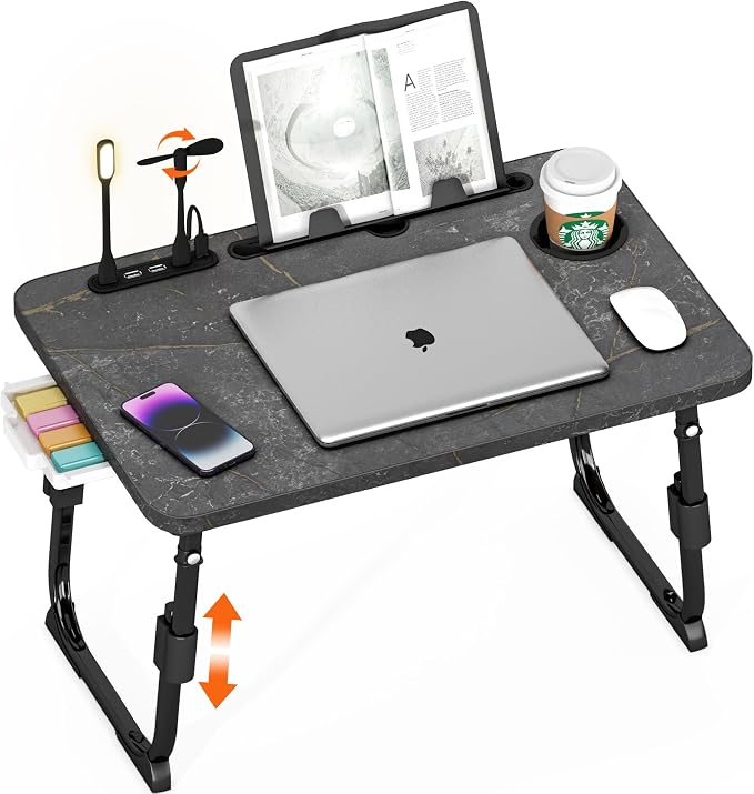Lap Desk for Bed, Adjustable Laptop Desk with USB Charging Port, Storage Drawer & Bookshelf — Foldable Bed Desk for WFH & Students, 23.6" Desktop Fits 17" Laptop, Non-Slip, Deep Stone Texture