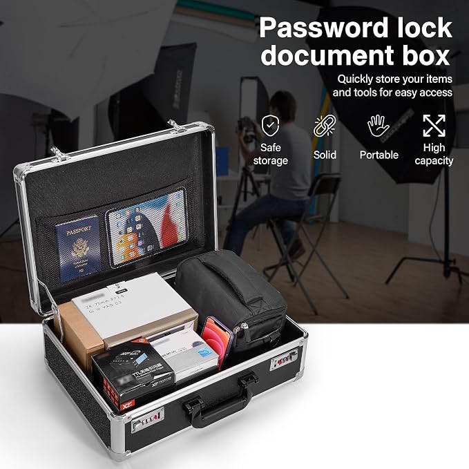 LOCKCURX File Organizer Storage Box - 18.9 x 14.6 x 6.3 Inch X-Large, Portable Locking Storage Totes with Dual Combination Locks for Cash, Documents & Valuables - Black