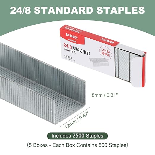 M&G 24/8 Heavy Duty Staples for Stapler, 2500pcs(500pcs Per Box) Staples 50 Sheets Capacity for Standard Stapler Smooth Stapling for Home Office Supplies, Silver