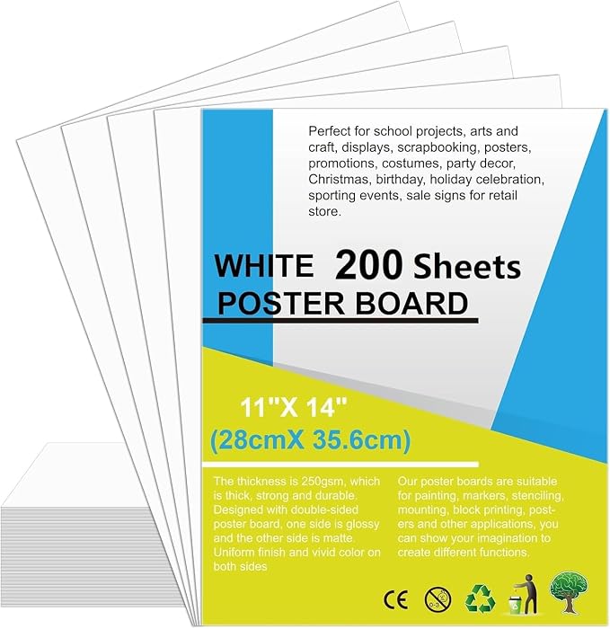 200 Pcs Poster Board White Poster Paper Bulk 11x14, ROOKEA 250Gsm Thickness Vision Boards Smart Posterboard for School Arts Craft Projects Presentations Drawing Scrapbooking Blank Graphic Display
