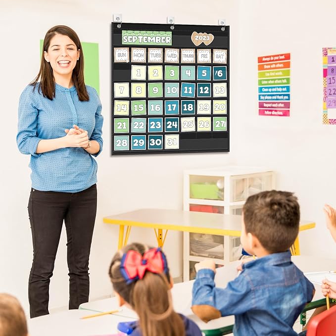 EAMAY Classroom Monthly Calendar Pocket Chart for 2.75 * 2.75 Cards,Homeschool Supplies and Classroom Must Haves! Only Chart(Black)