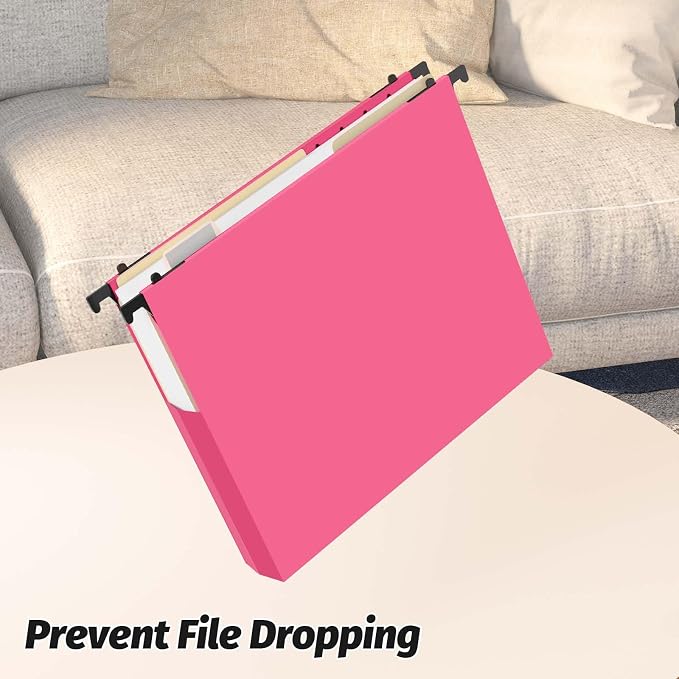 Shutex Extra Capacity Plastic Hanging File Folders,12 Pack Reinforced Expanding Hang Folder Letter Size,Accordian Pocket,Heavy Duty 2 Inch Expansion, Hard Hanging Folder Organizer for Office Home,Pink