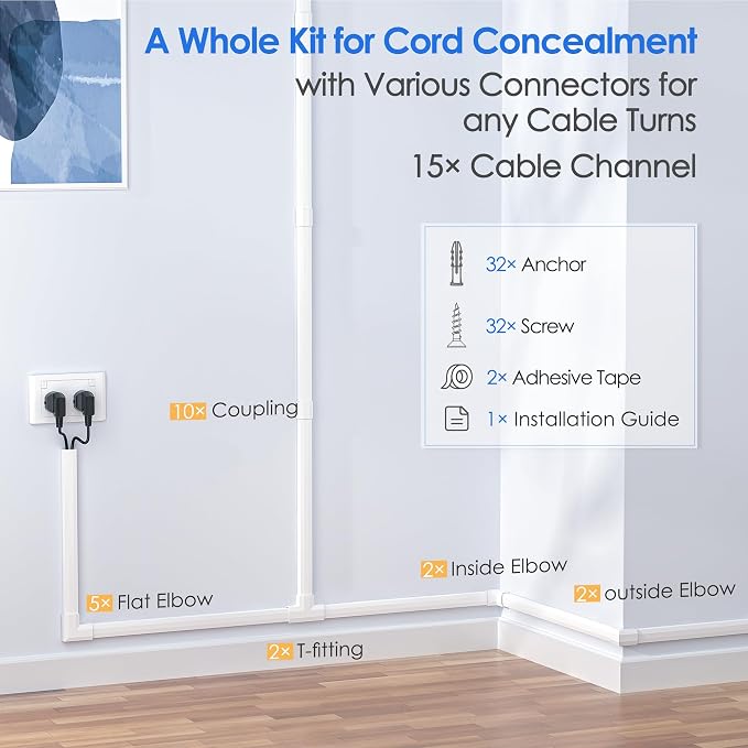 Yecaye TV Cord Hider, 236in Cord Cover, Large Cable Hider, Wire Covers for 4 Cords, Cable Raceway Wire Hider, Wire Hiders for TV on Wall, Cable Cover Cord Concealer, W1.18in H0.6in, White