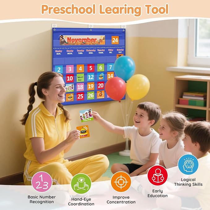 Classroom Calendar Pocket Chart with 88 Cards - Ideal for Homeschool, Classroom & Office, Durable Nylon Wall Hanging Calendar for Early Learning (Blue)