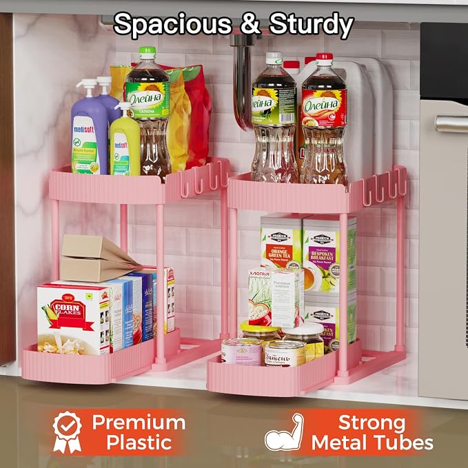 Ukeetap 2 Pack Multi-Purpose Pull-Out Storage Organizers, Under Sink Organizers and Storage for Bathroom & Kitchen, Under Cabinet Organizers and storage, 14.8 Inch, Pink