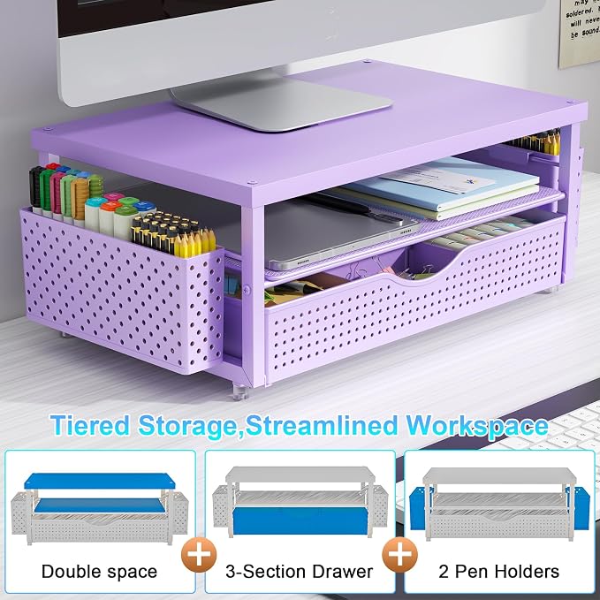 gianotter Desk Organizers and Accessories, Monitor Stand with Drawer and 2 Pen Holder, Desktop Organizer Suitable for Offices and Dormitories (Purple-Plain)