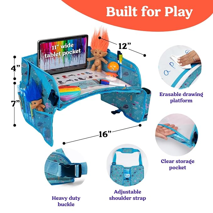 PILLANI Kids Travel Tray for Car - Road Trip Activities for Kids - Car Seat Tray for Kids Travel w/ Activity Sheets, Pens & Dry Erase Board - Toddler Road Trip Essentials & Car Accessories for Kids