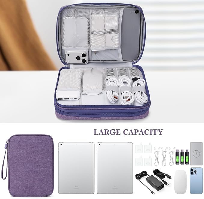 FYY Electronic Organizer, Extra Large Travel Cable Organizer Bag Pouch Portable Waterproof Double Layers All-in-One Storage Bag for iPad, Cable, Power Bank, Laptop Charger for Office/Home, Dark Purple