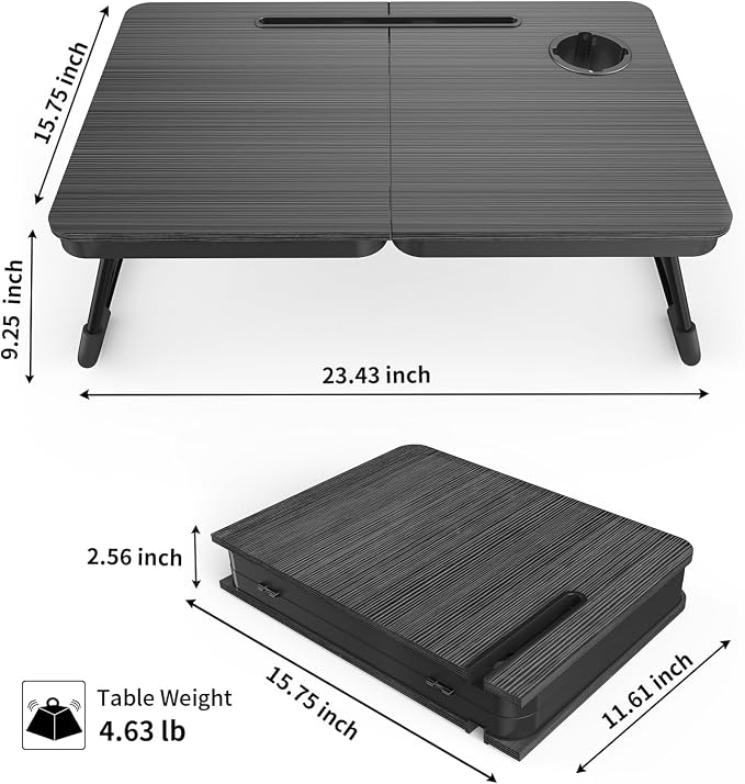 BUYIFY 23.4" Foldable Lap Desk Bed Table with Cup Holder Portable TrayBlack | Folds Flat for Easy Storage, No Assembly Laptop Bed Desk, Sturdy and Lightweight, Versatile for Work Eat Study, Patent Design