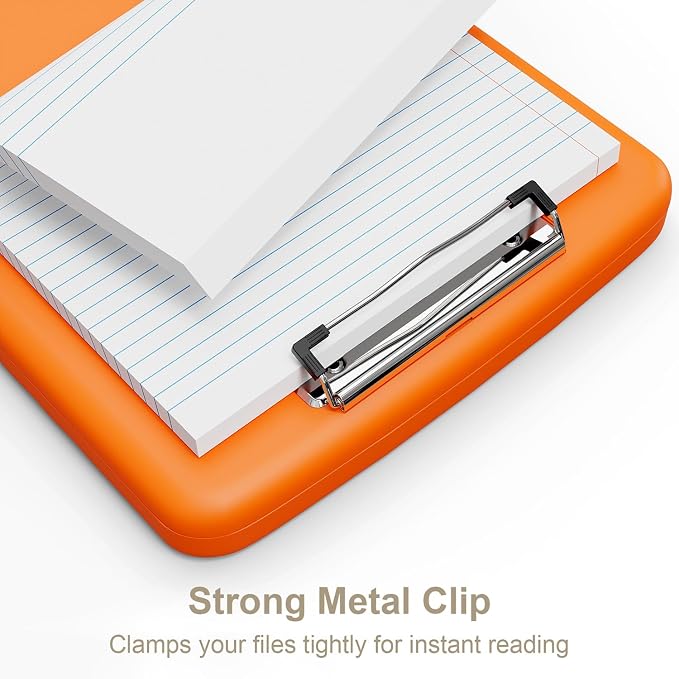 Piasoenc Clipboard with Storage, 8.5 x 11 Organization Box with Pen Holder and A4 Legal Paper Folder, Folio & Side-Opening, Low Profile Clip,for Nurses,Teachers, Size 14 x 9.6 x 1.2 in, Orange