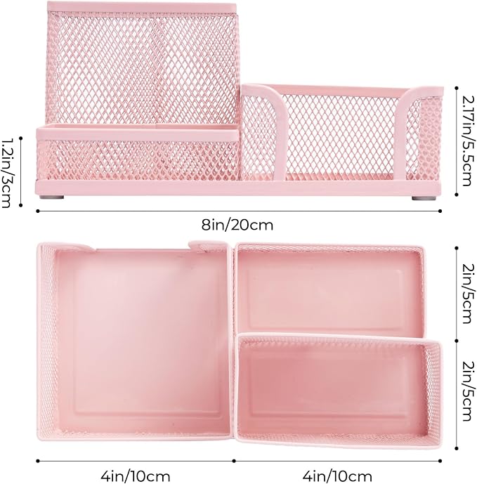 M&G Mesh Pen Holder Desk Organizers Pencil Holder for Desk Pink, 3 Compartments Metal Office Supply Organizer with Sticky Notes Holder for Home Office