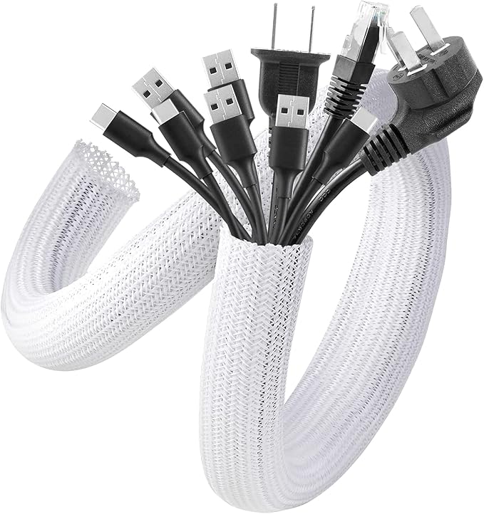 AGPTEK Cable Sleeve, 10ft - 1.5 inch Cable Management Desk Cord Cover Organizer Wire Hider for Home Office Computer TV Wire Loom Tubing Pet Proof Cord Protector from Cat Dog Chewing, White