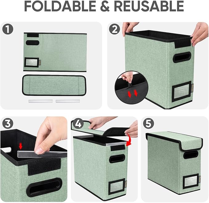 BALEINE File Organizer Box with Lid, Collapsible File Folder Organizer with Plastic Slide, Hanging File Folder Box for Office Document Storage (1 Pack, Green, S)