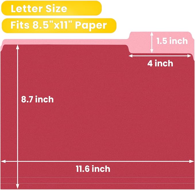 SUNEE File Folders, 36 Pack Manilla Folders 8.5 x 11, Colored File Folders Home Office School Supplies for Documents Files Paper, Red Colors