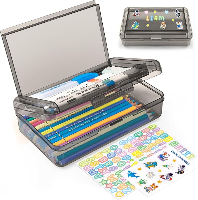 Double Layer Clear Hard Pencil Cases ,Plastic Personalized Pencil Box with Snap-Tight Lid for Pen, Pencils, School Office Supplies Marker Crayon Organizer Storage Box,Standard Size (Dark Gray)