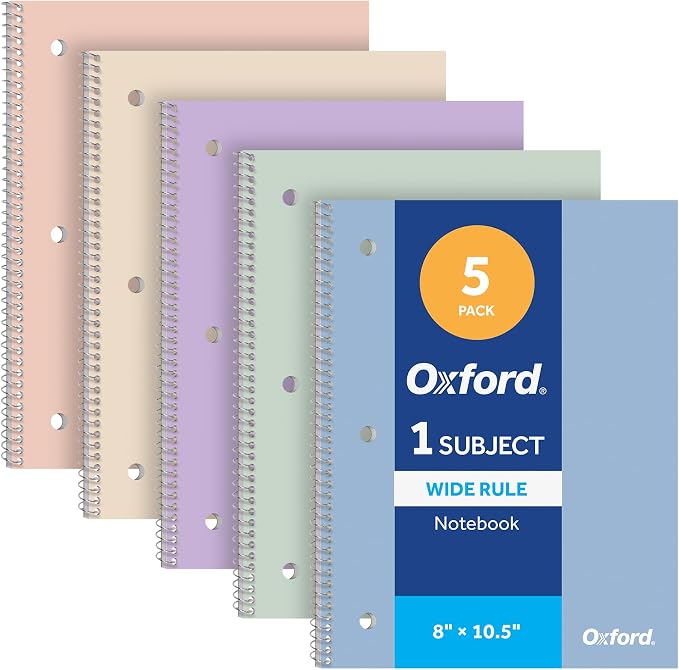 Oxford Spiral Notebooks, 5 Pack, Wide Rule, 70 Sheets, Pastel Covers | 8" x 10.5", Perforated Pages, 3-Hole Punched Paper, 1 Subject Notebooks for School, Home, and Office