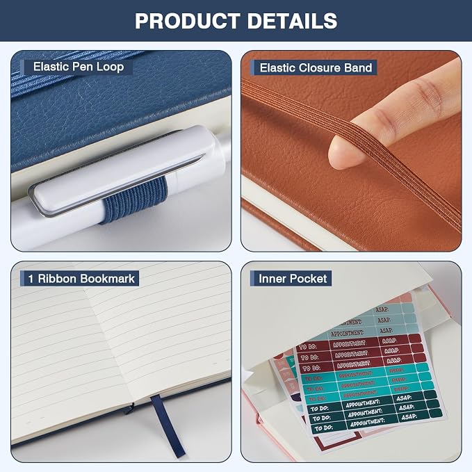 Lined Journal Notebook, with Pen, Leather Hardcover, A5 (5.7"x8.4"), 3 Pack, for Women Men, Work, Writing, Travel