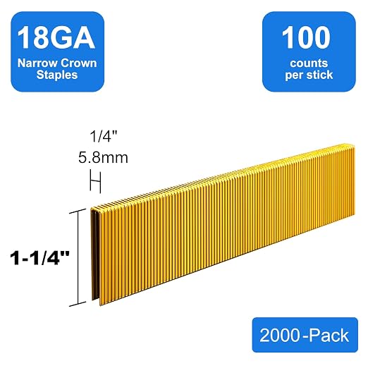 18 Gauge 1/4" Narrow Crown Staples 1-1/4 Inch Leg, 2000-Pack | Galvanized coating resists rust for indoor woodworking & decoration, fits all electric staplers and staple guns