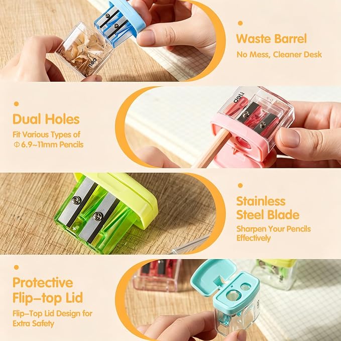Deli Pencil Sharpener, 100 Pack Pencil Sharpeners Manual, Dual Holes Compact Colored Handheld Pencil Sharpener with Lid for Kids, School, Office