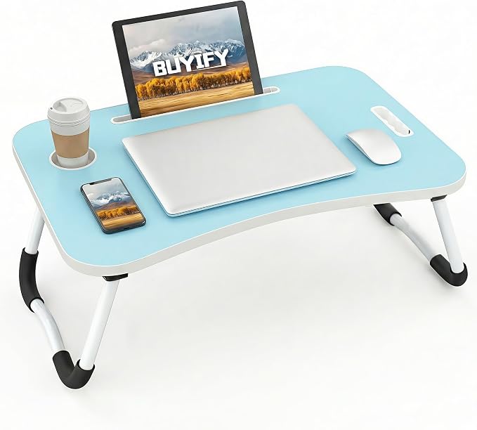 BUYIFY 23" Foldable Lap Desk for Laptop Writing w/Cup Holder Blue | Sturdy and Durable, Laptop Bed Desk with Tablet Slot, No Assembly, Space Saving for Bed Couch Dorm WFH Students