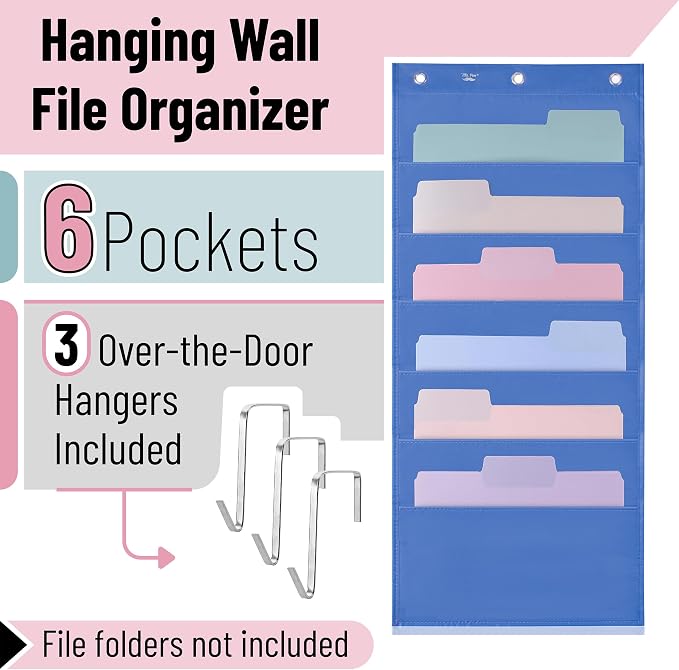 Mr. Pen- Hanging Wall File Organizer, 6 Pocket, Blue | 3 Overdoor Hangers Included, Over The Door File Organizer, Hanging Folder Organizer, Wall Folder Organizer