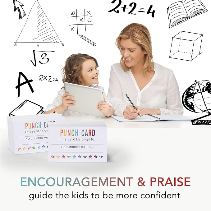 ONEDONE Reward Punch Cards Pack of 200 with Hole Puncher Behavior Incentive Awards for Teachers Kids Students Home Classroom School Business Loyalty Card - 3.5" x 2"