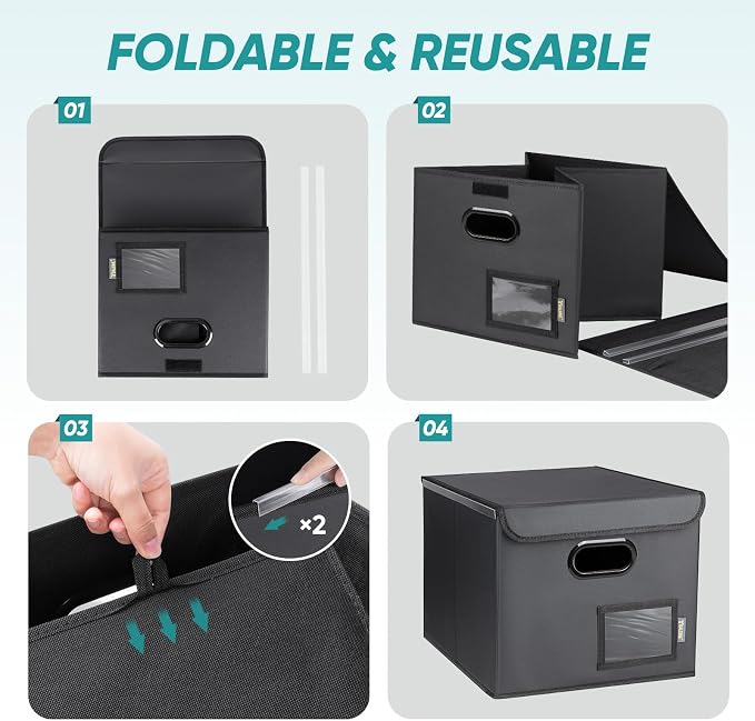 BALEINE File Organizer Box with Lid, Collapsible File Folder Organizer with Plastic Slide, Hanging File Folder Box for Office Document Storage (1 Pack, PU, Black)